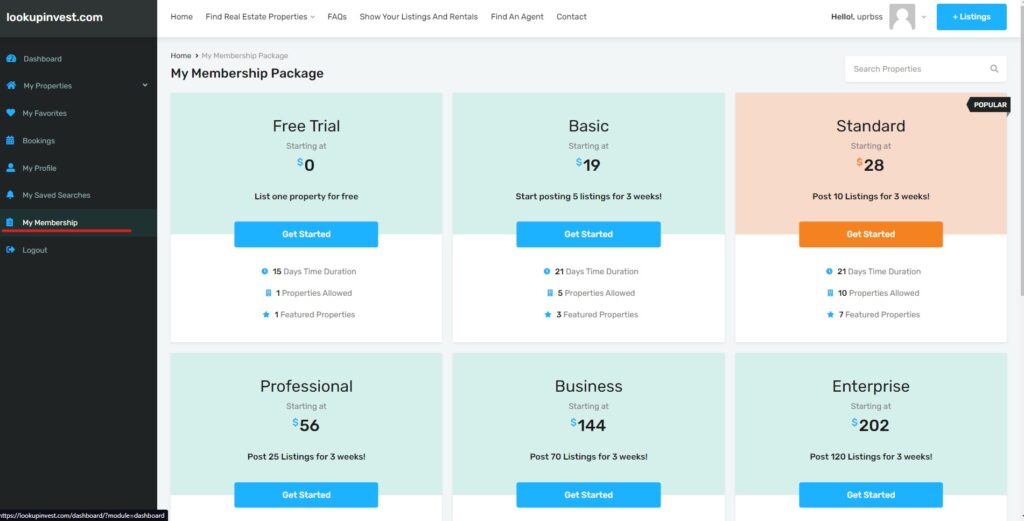 LookupInvest membership plans screenshot